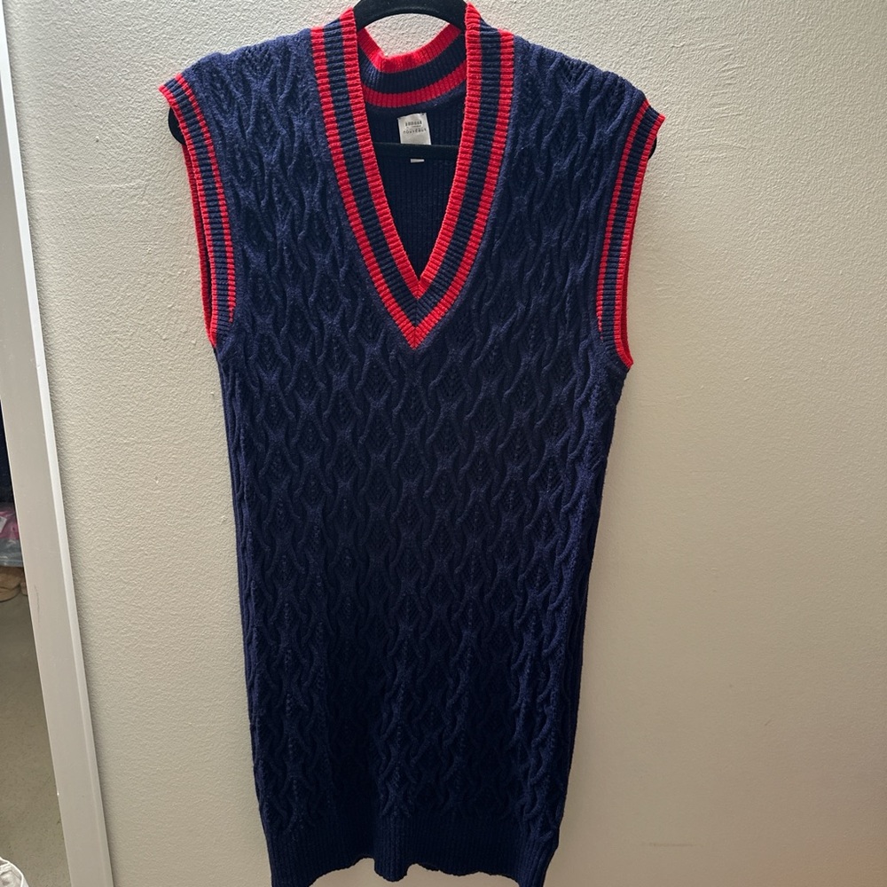 Navy Cable Knit Sweater Vest Dress with Red Trim
